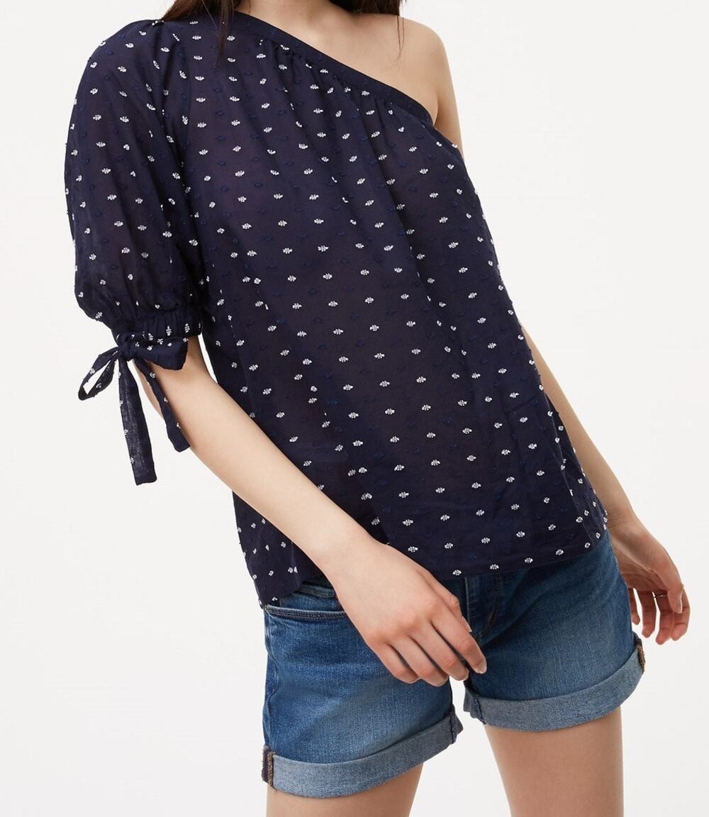 Ann Taylor LOFT Navy Blue Cotton Swiss Dot Embroidered One Shoulder Top Small